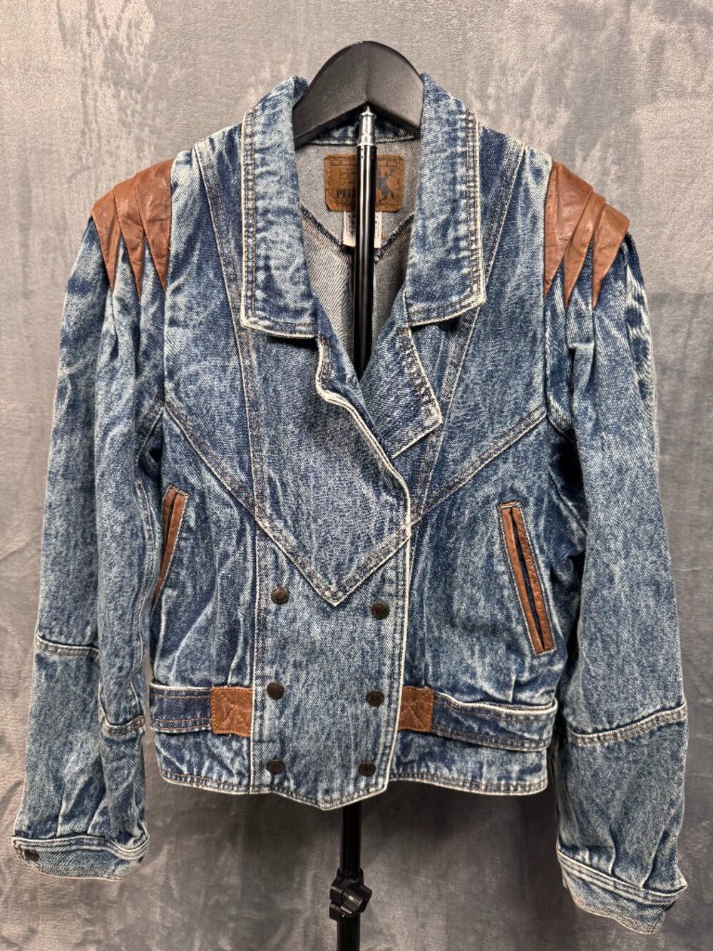 Prezzia Acid Wash Denim Jacket Medium Vintage 80s Leather Trim Western